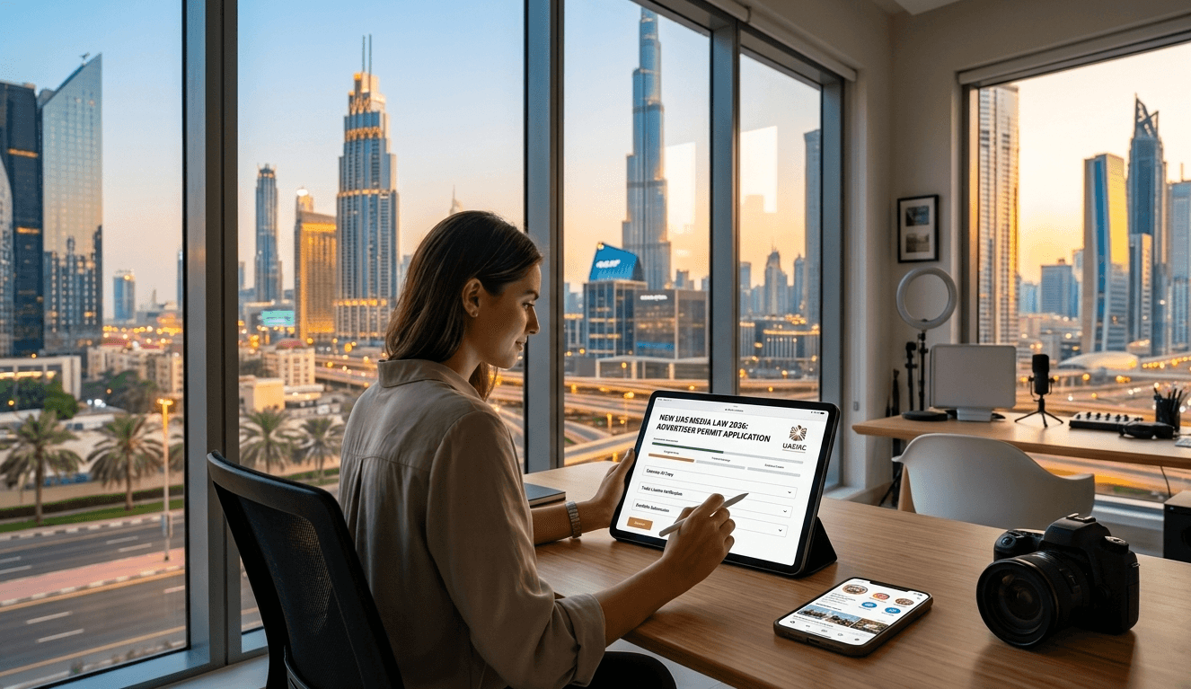 Blogger reviewing New UAE Media Law 2026 requirements on a tablet in Dubai.