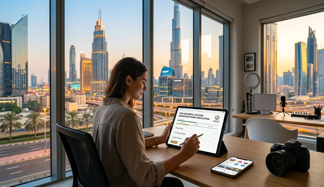 Blogger reviewing New UAE Media Law 2026 requirements on a tablet in Dubai.